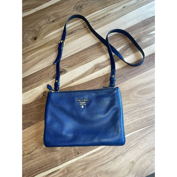 Prada Handbags - Womens Navy Blue Leather Prada Crossbody Purse Gold Hardware
